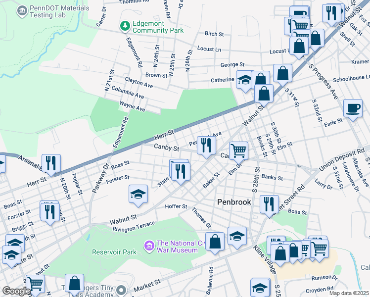 map of restaurants, bars, coffee shops, grocery stores, and more near 2418 Penbrook Avenue in Harrisburg