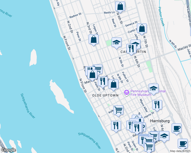 map of restaurants, bars, coffee shops, grocery stores, and more near 2127 Green Street in Harrisburg