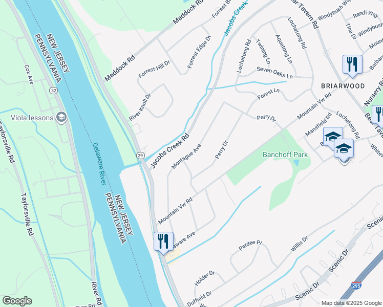 map of restaurants, bars, coffee shops, grocery stores, and more near 33 Montague Avenue in Ewing Township