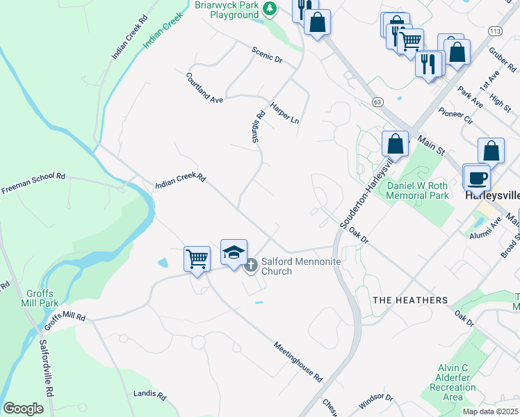 map of restaurants, bars, coffee shops, grocery stores, and more near 491 Indian Creek Road in Harleysville