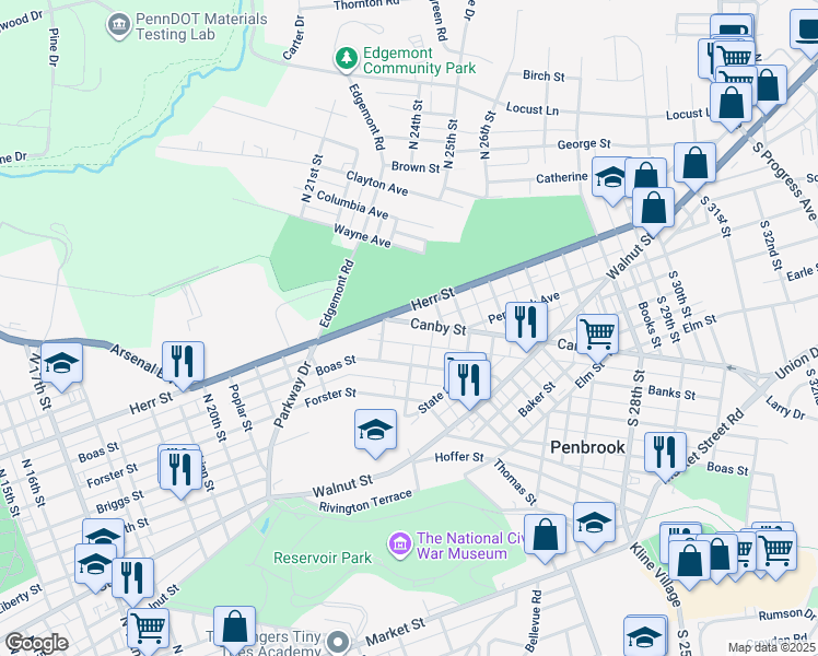 map of restaurants, bars, coffee shops, grocery stores, and more near 2323 Canby Street in Harrisburg