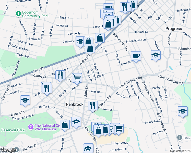 map of restaurants, bars, coffee shops, grocery stores, and more near 236 South 29th Street in Harrisburg