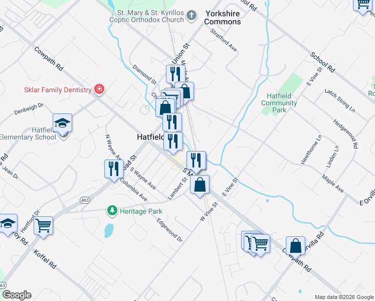 map of restaurants, bars, coffee shops, grocery stores, and more near 29 Poplar Street in Hatfield