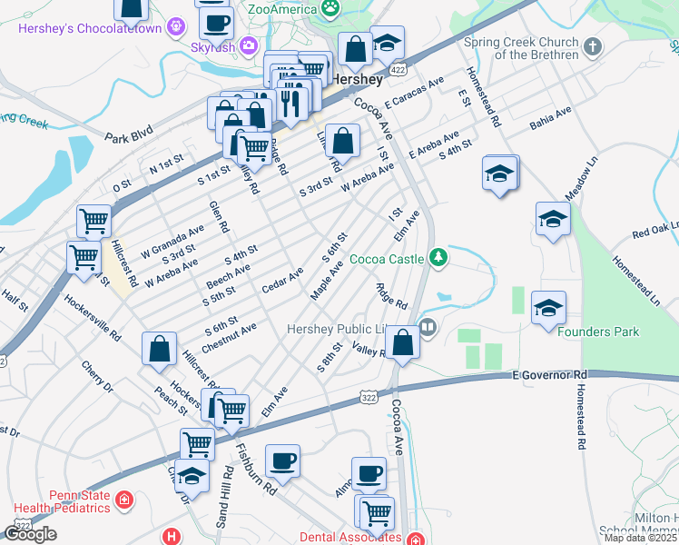 map of restaurants, bars, coffee shops, grocery stores, and more near 224 Maple Avenue in Hershey