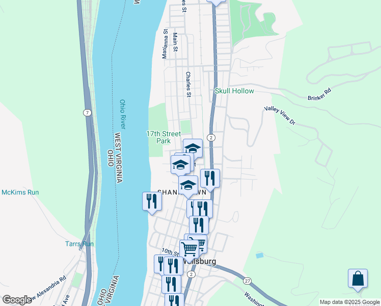 map of restaurants, bars, coffee shops, grocery stores, and more near 1601 Charles Street in Wellsburg