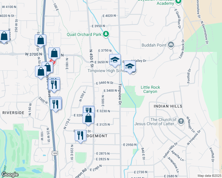map of restaurants, bars, coffee shops, grocery stores, and more near 553 East 3400 North Street in Provo