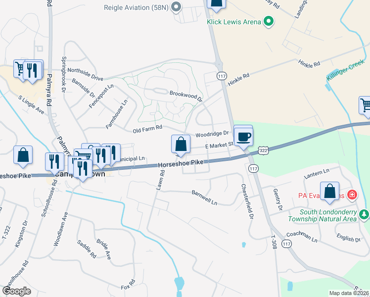 map of restaurants, bars, coffee shops, grocery stores, and more near 157 East Market Street in Palmyra