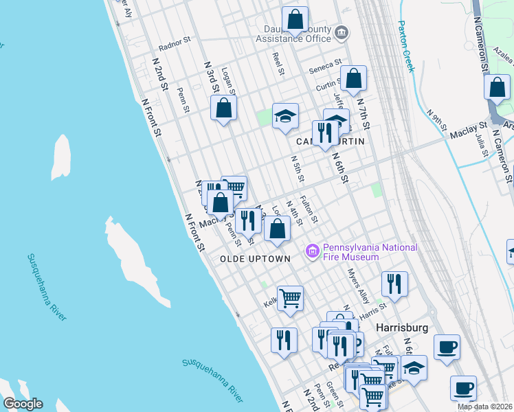 map of restaurants, bars, coffee shops, grocery stores, and more near 301 Maclay St in Harrisburg