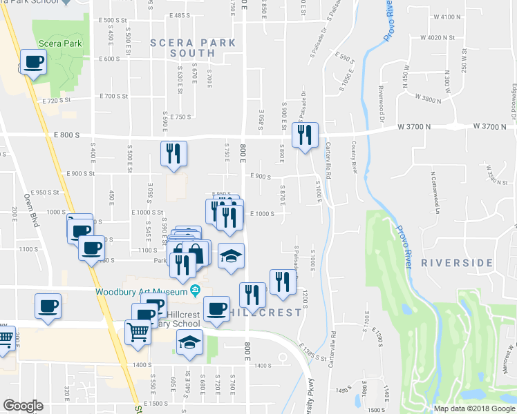map of restaurants, bars, coffee shops, grocery stores, and more near 955 South 830 East Street in Orem