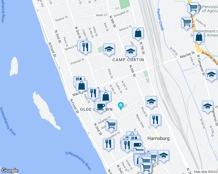 map of restaurants, bars, coffee shops, grocery stores, and more near in Harrisburg