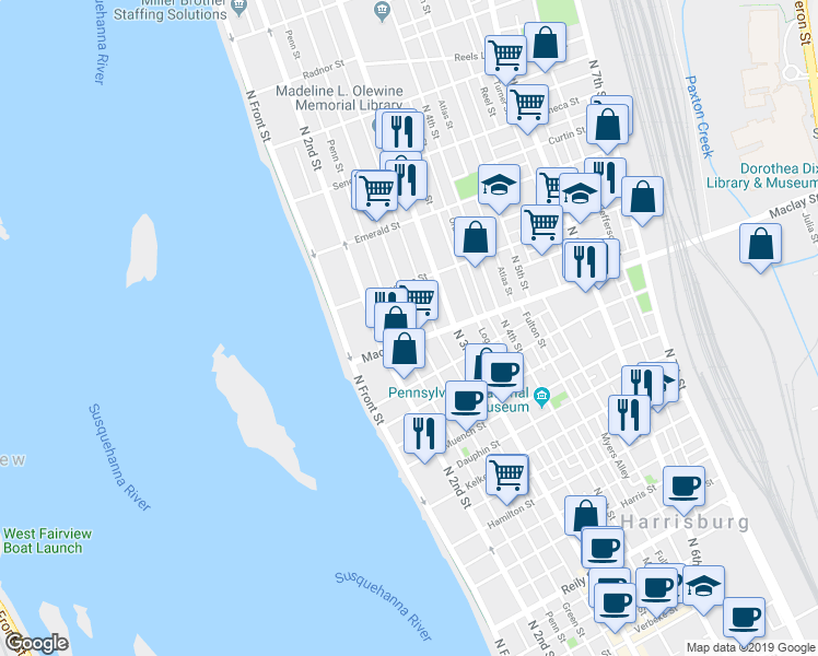 map of restaurants, bars, coffee shops, grocery stores, and more near 2127 Green Street in Harrisburg
