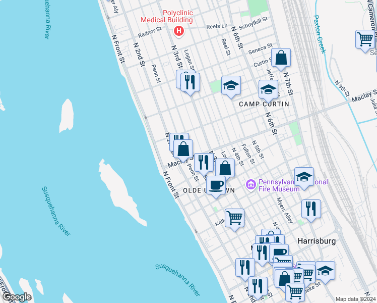 map of restaurants, bars, coffee shops, grocery stores, and more near 2127 Green Street in Harrisburg