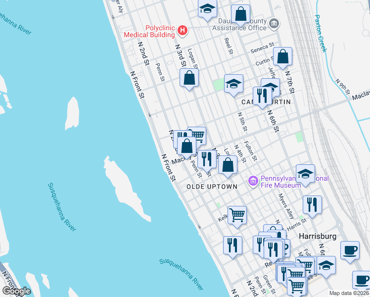 map of restaurants, bars, coffee shops, grocery stores, and more near 2127 Green Street in Harrisburg