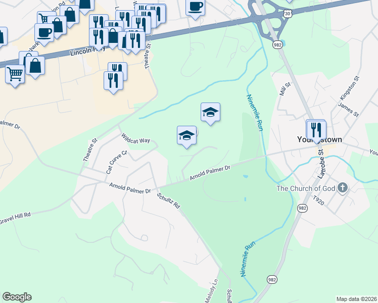 map of restaurants, bars, coffee shops, grocery stores, and more near 131 High School Road in Latrobe