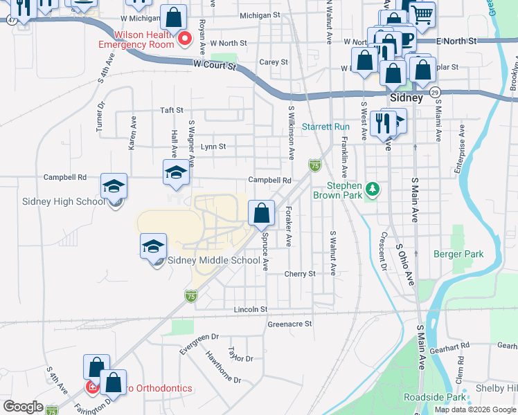 map of restaurants, bars, coffee shops, grocery stores, and more near 625 South Highland Avenue in Sidney