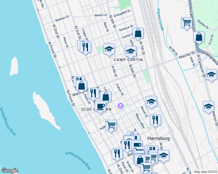 map of restaurants, bars, coffee shops, grocery stores, and more near 2040 North 4th Street in Harrisburg