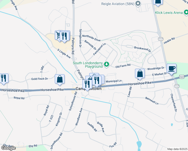 map of restaurants, bars, coffee shops, grocery stores, and more near 51 West Market Street in Palmyra
