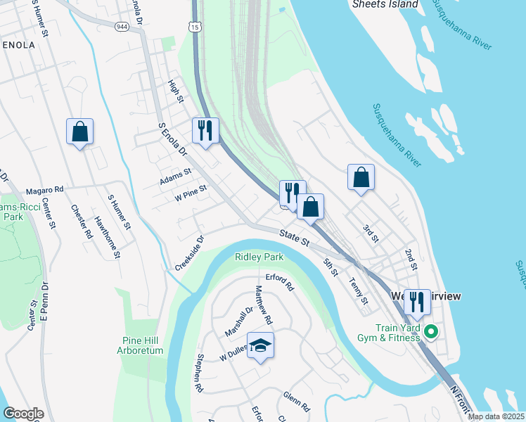 map of restaurants, bars, coffee shops, grocery stores, and more near 227C Pennsylvania Avenue in Enola