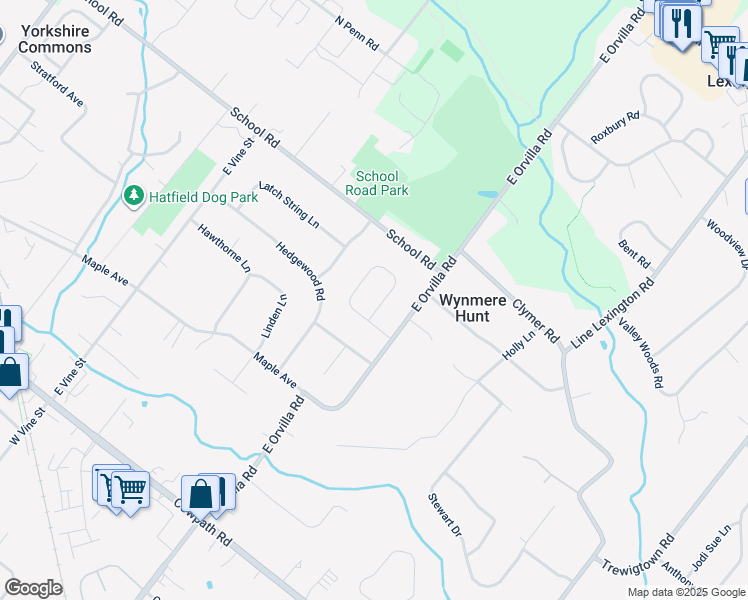 map of restaurants, bars, coffee shops, grocery stores, and more near 2410 Peach Tree Lane in Hatfield