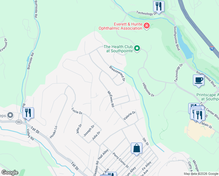 map of restaurants, bars, coffee shops, grocery stores, and more near 1052 Breezewood Drive in Canonsburg
