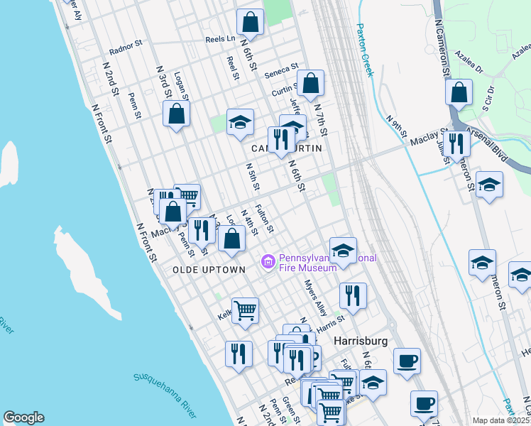 map of restaurants, bars, coffee shops, grocery stores, and more near 419 Maclay Street in Harrisburg