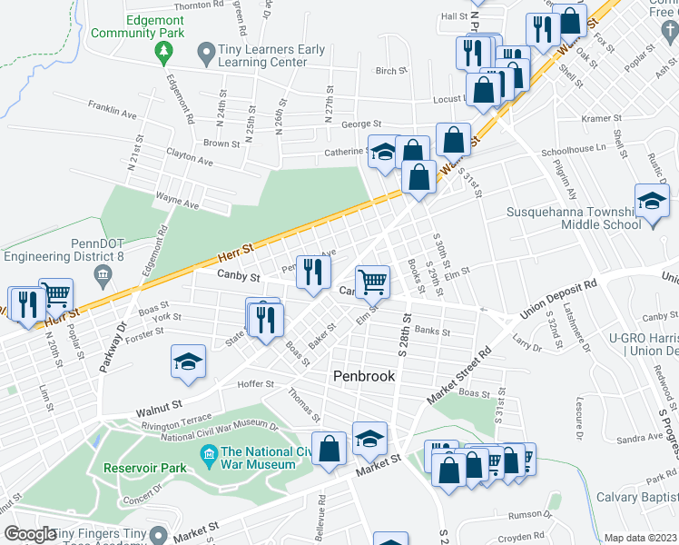 map of restaurants, bars, coffee shops, grocery stores, and more near 2630 Walnut Street in Harrisburg