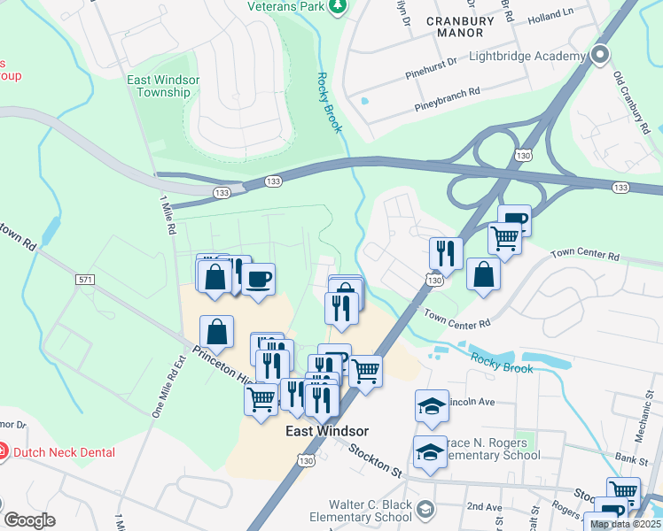 map of restaurants, bars, coffee shops, grocery stores, and more near 200 Winton Lane in East Windsor