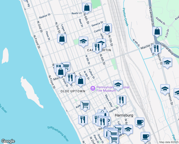 map of restaurants, bars, coffee shops, grocery stores, and more near 419 Maclay Street in Harrisburg