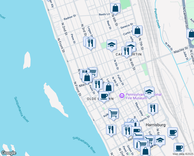 map of restaurants, bars, coffee shops, grocery stores, and more near 2112 North 3rd Street in Harrisburg