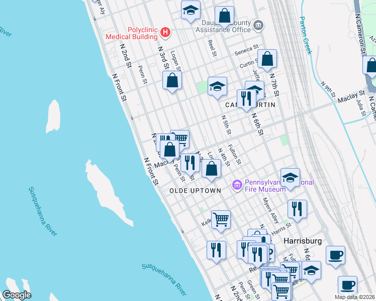 map of restaurants, bars, coffee shops, grocery stores, and more near in Harrisburg