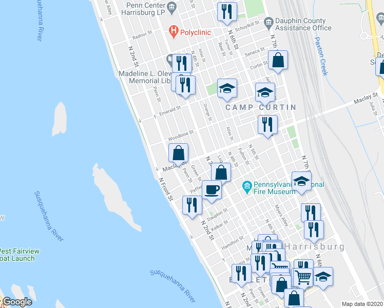 map of restaurants, bars, coffee shops, grocery stores, and more near 2127 Green Street in Harrisburg