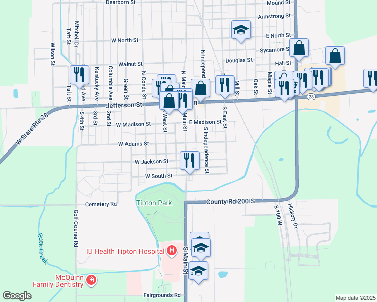 map of restaurants, bars, coffee shops, grocery stores, and more near 304 South Main Street in Tipton