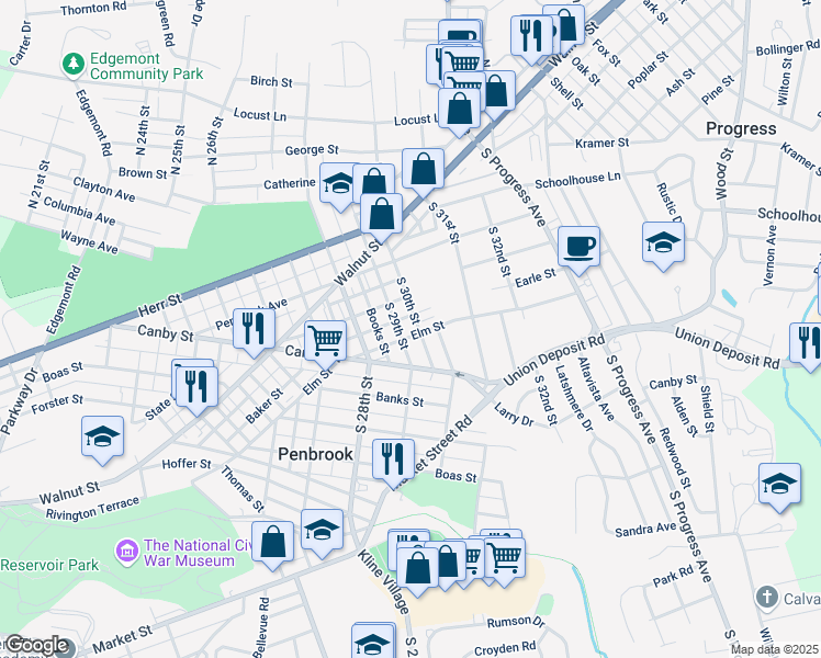 map of restaurants, bars, coffee shops, grocery stores, and more near 232 South 29th Street in Harrisburg