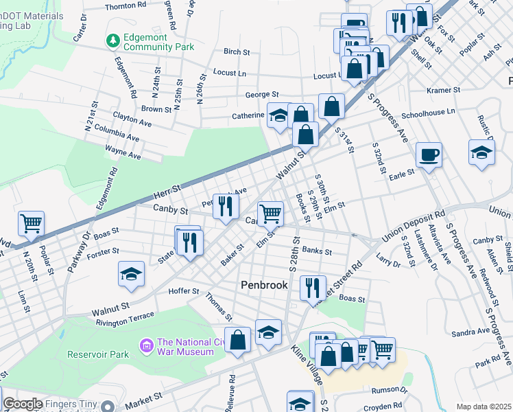 map of restaurants, bars, coffee shops, grocery stores, and more near 2645 Walnut Street in Harrisburg