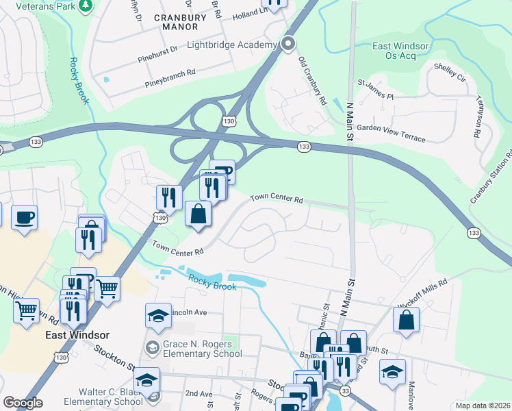 map of restaurants, bars, coffee shops, grocery stores, and more near 31 Brownstone Road in East Windsor
