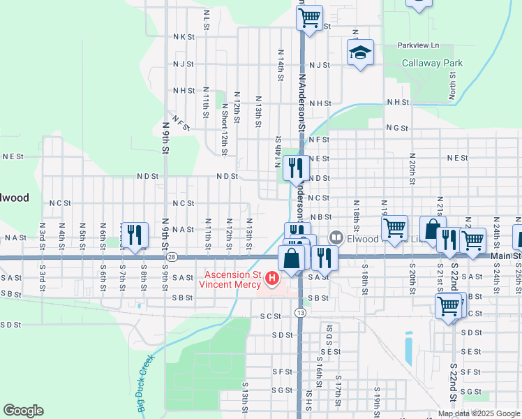 map of restaurants, bars, coffee shops, grocery stores, and more near 301-6 North C Street in Elwood