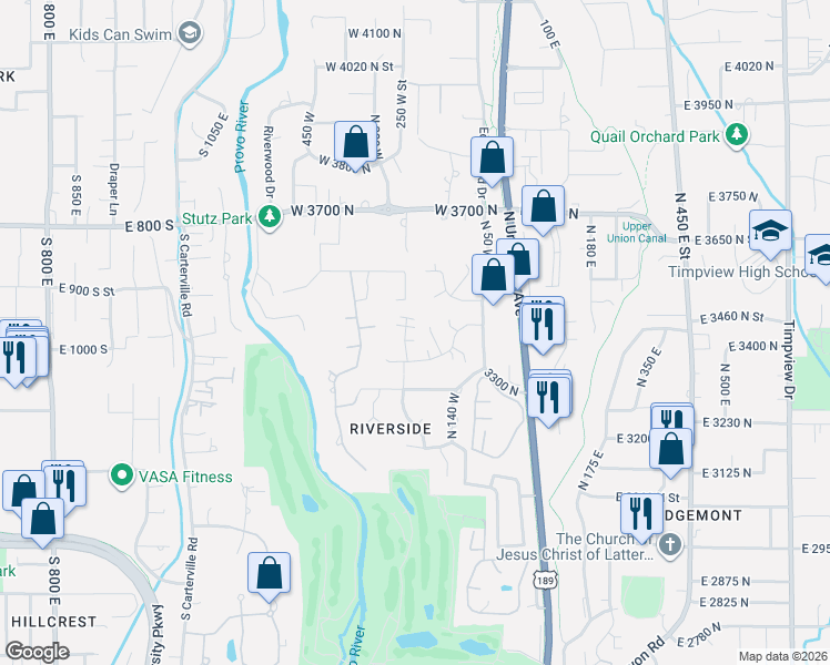 map of restaurants, bars, coffee shops, grocery stores, and more near 3488 130 West in Provo