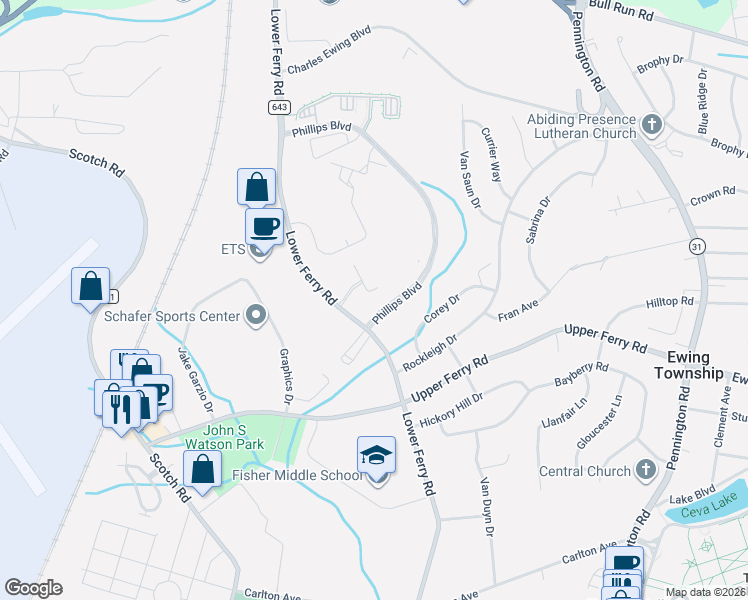 map of restaurants, bars, coffee shops, grocery stores, and more near 200 Masterson Court in Ewing Township