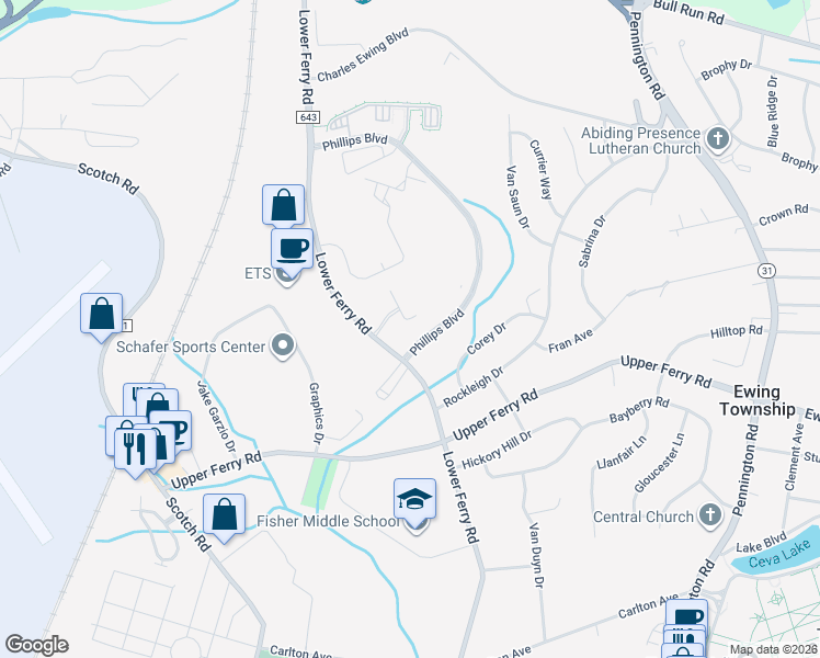 map of restaurants, bars, coffee shops, grocery stores, and more near 200 Masterson Court in Ewing Township