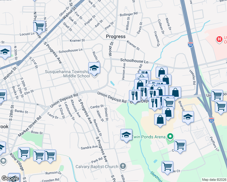 map of restaurants, bars, coffee shops, grocery stores, and more near 3506 High Street in Harrisburg