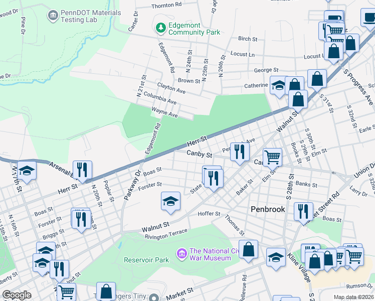 map of restaurants, bars, coffee shops, grocery stores, and more near 2301 Herr Street in Harrisburg