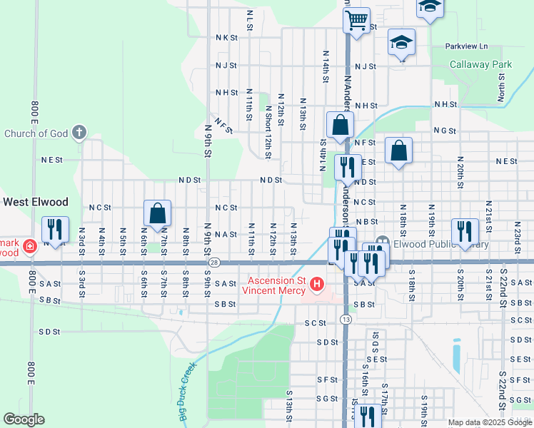 map of restaurants, bars, coffee shops, grocery stores, and more near 400 North 12th Street in Elwood