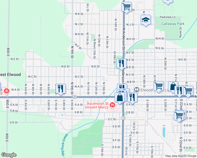 map of restaurants, bars, coffee shops, grocery stores, and more near 400 North 12th Street in Elwood