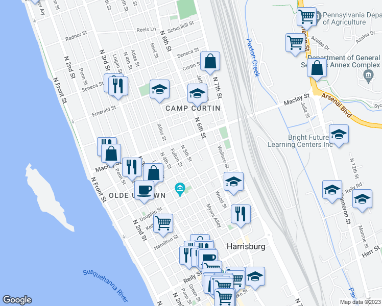 map of restaurants, bars, coffee shops, grocery stores, and more near 50 Peffer Street in Harrisburg