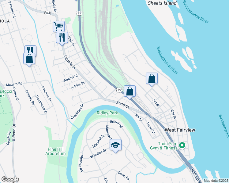 map of restaurants, bars, coffee shops, grocery stores, and more near 632 Enola Road in Enola