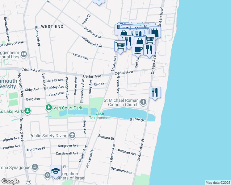 map of restaurants, bars, coffee shops, grocery stores, and more near 746 Greens Avenue in Long Branch