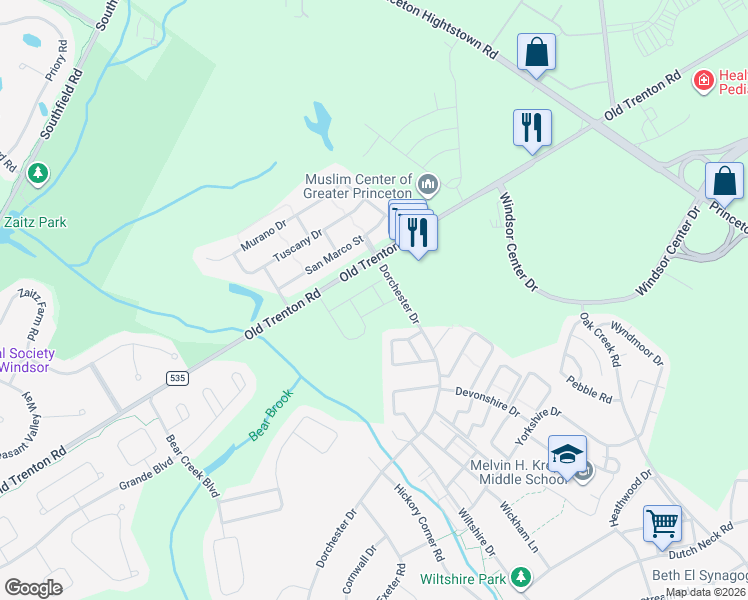 map of restaurants, bars, coffee shops, grocery stores, and more near 234 Dorchester Drive in East Windsor