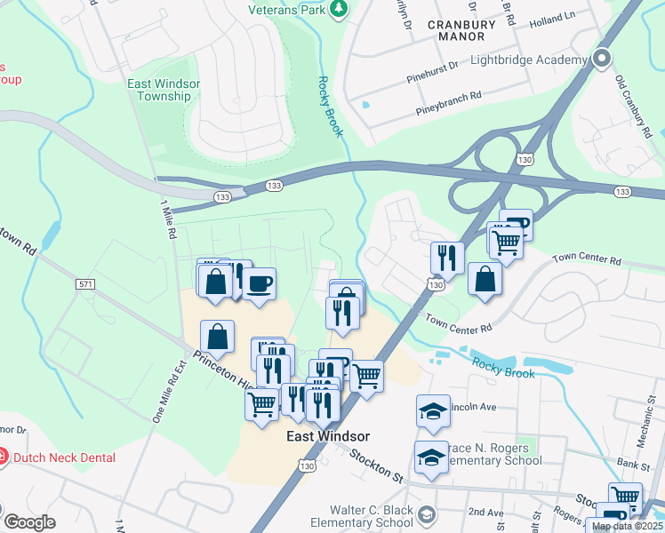 map of restaurants, bars, coffee shops, grocery stores, and more near 24 Lanning Boulevard in East Windsor