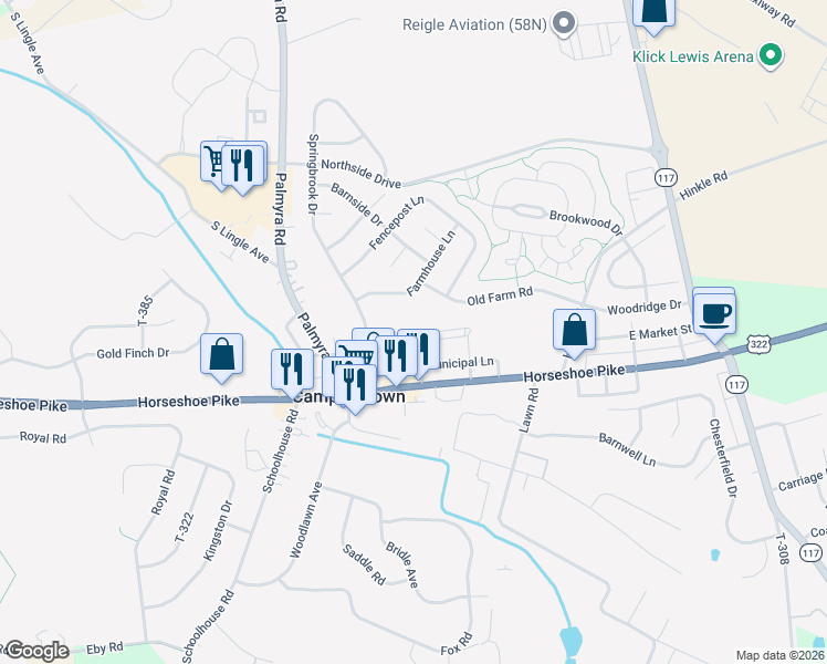 map of restaurants, bars, coffee shops, grocery stores, and more near 27 West Market Street in Palmyra