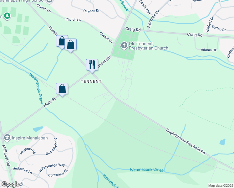 map of restaurants, bars, coffee shops, grocery stores, and more near 222 Englishtown-Freehold Road in Manalapan Township